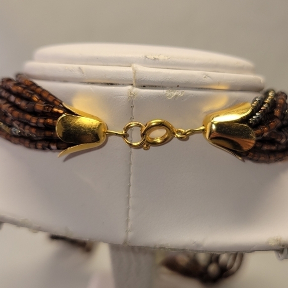 Multi strand seed beads vintage necklace bronze brown amber spring ring closer - Picture 4 of 4